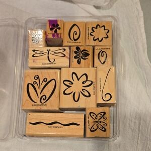Stampin' Up! Wooden Stamp Set with Black Designs. Fl9wers, Dragonfky, Butterfly.
